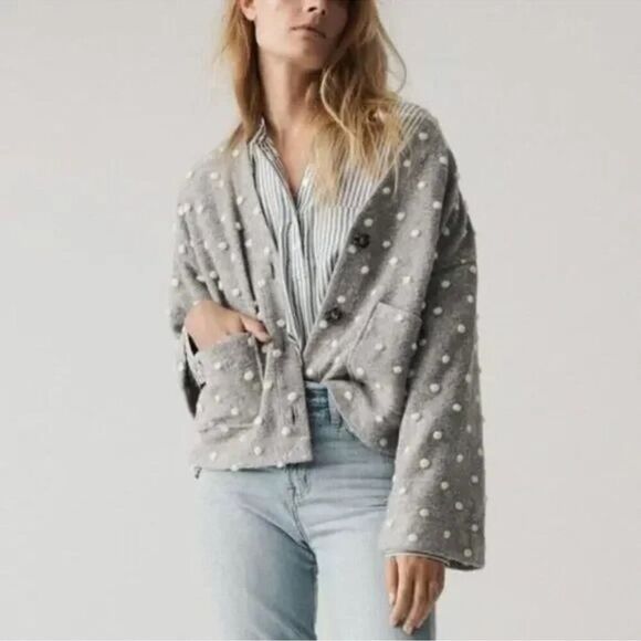 Madewell Texture & Thread Boxy Bobble Pom Pom Cropped Cardigan Grey XS - Picture 1 of 9
